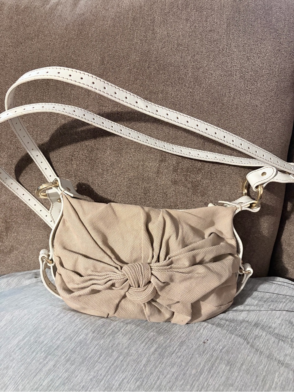 Fendi Beige Knot-Front Crossbody with White Strap
